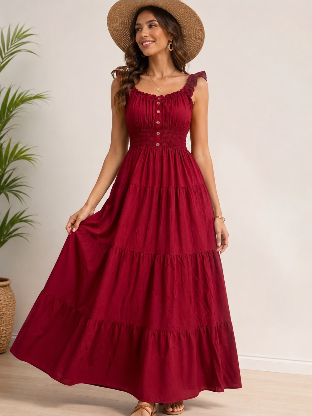 Ost Ruffled-Strap Maxi Dress in Wine Red